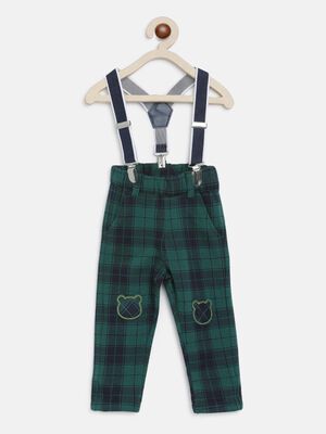 Fleece Long Trousers With Suspenders -Check Pattern